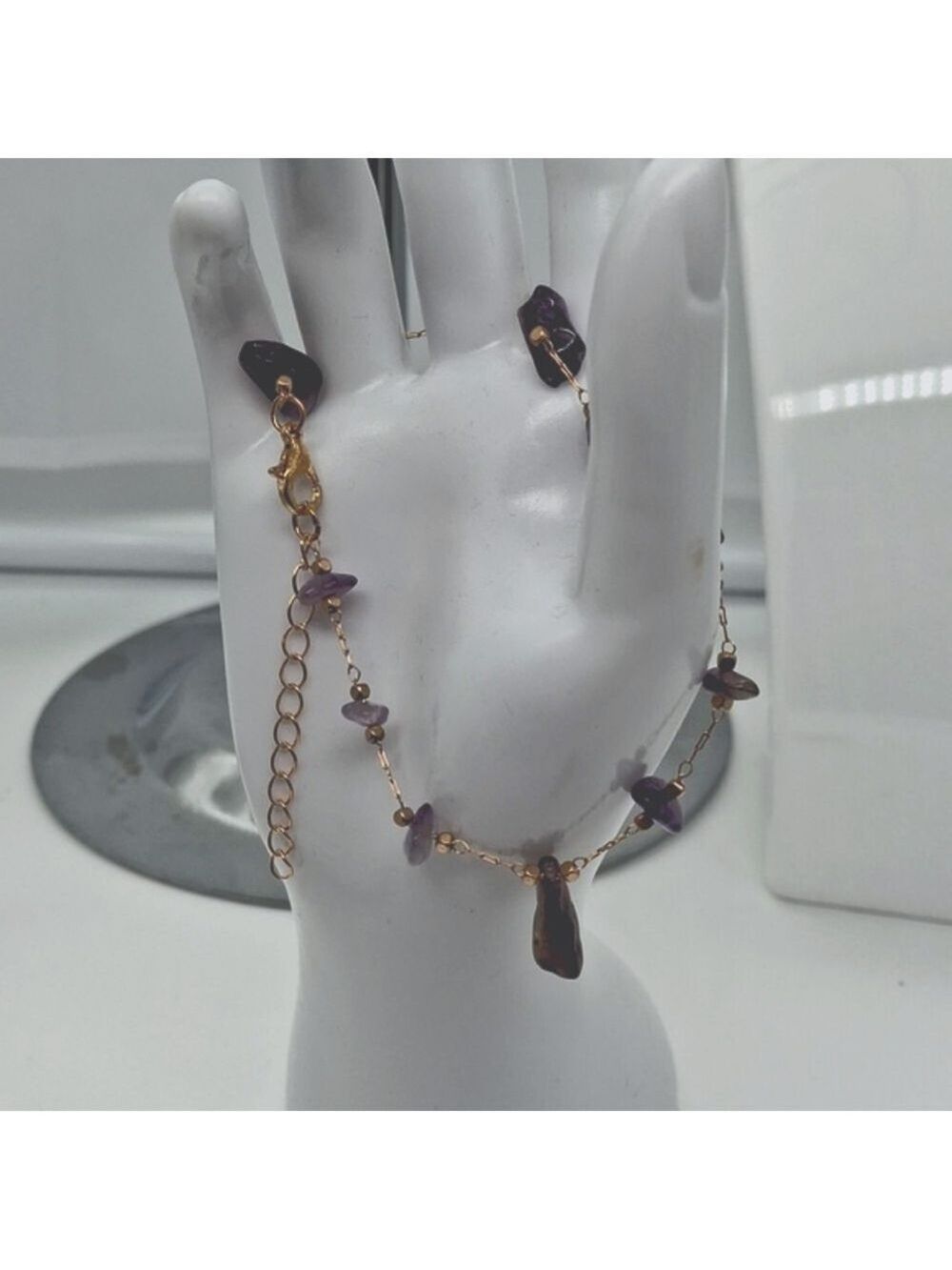 Amethyst and Goldtone ankle bracelet 10" with extender